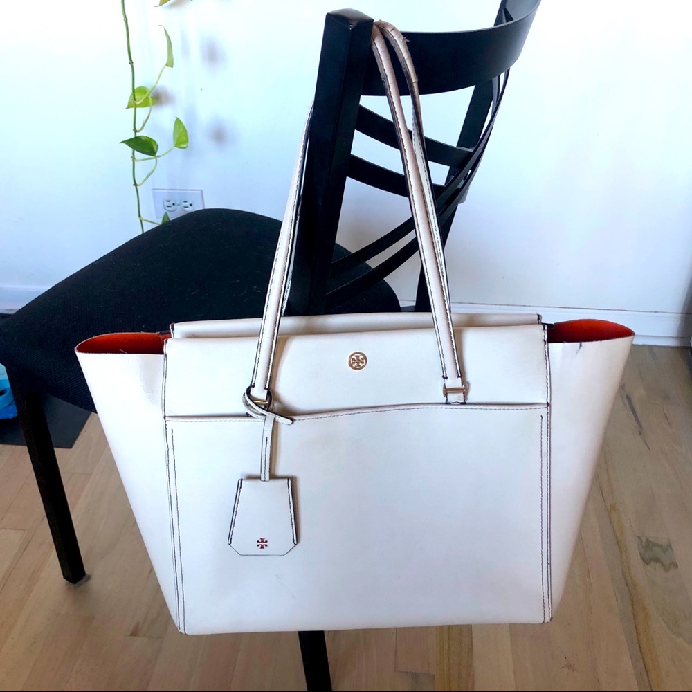 Tory Burch White Robinson Tote Orange Interior